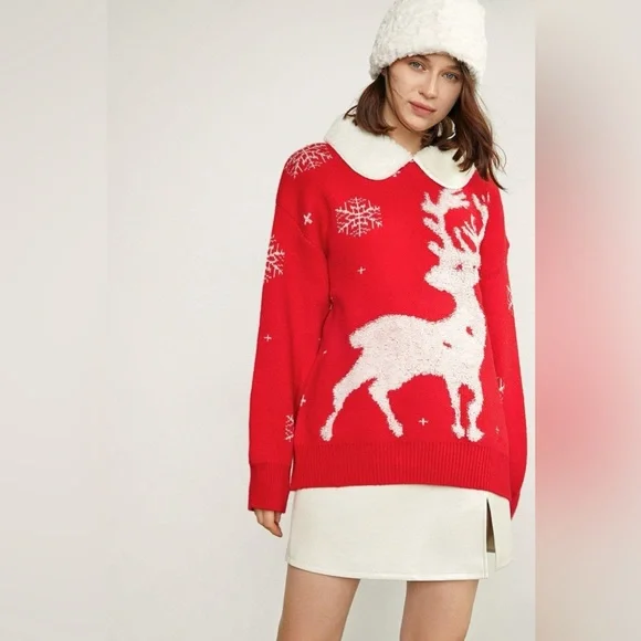 J.ING Jing Red Pullover Oversize Christmas Sweater w/ White Collar One Size NWT - Picture 3 of 10
